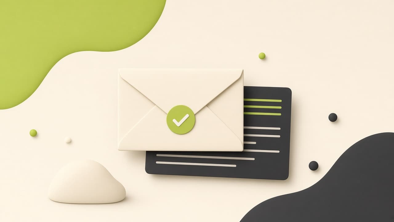 Envelope with a tick sitting on a dark invoice card